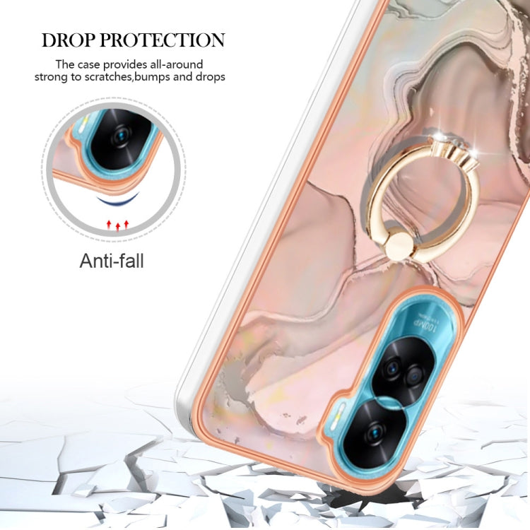 For Honor 90 Lite 5G Electroplating Marble Dual-side IMD Phone Case with Ring(Rose Gold 015)