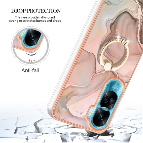 For Honor 90 Lite 5G Electroplating Marble Dual-side IMD Phone Case with Ring(Rose Gold 015)