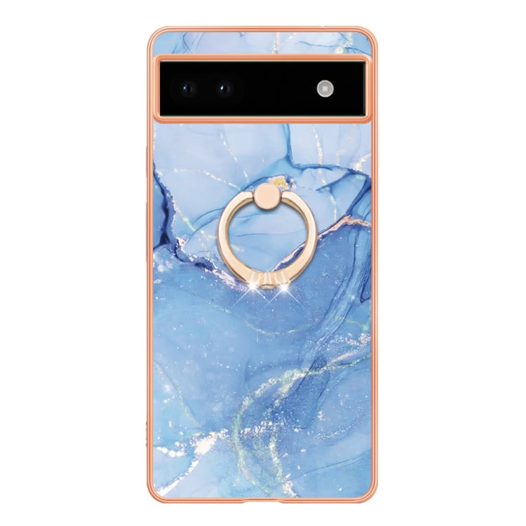 For Google Pixel 6a Electroplating Marble Dual-side IMD Phone Case with Ring(Blue 018)