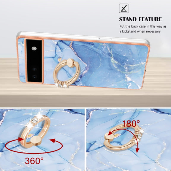 For Google Pixel 6a Electroplating Marble Dual-side IMD Phone Case with Ring(Blue 018)