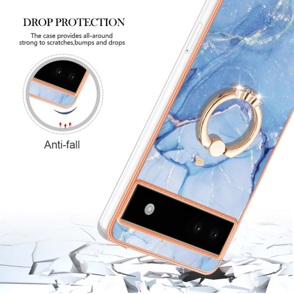 For Google Pixel 6a Electroplating Marble Dual-side IMD Phone Case with Ring(Blue 018)
