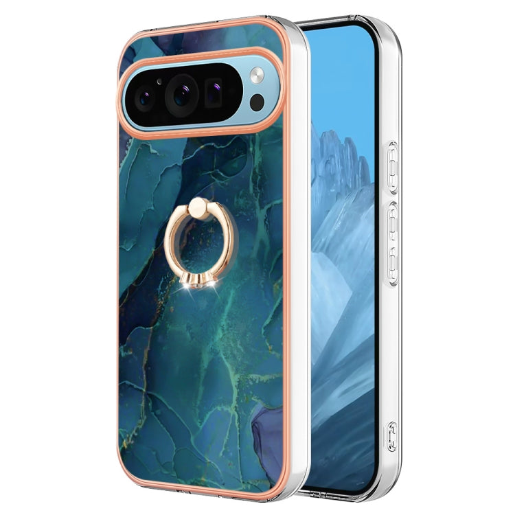 For Google Pixel 9 / 9 Pro Electroplating Marble Dual-side IMD Phone Case with Ring(Green 017)