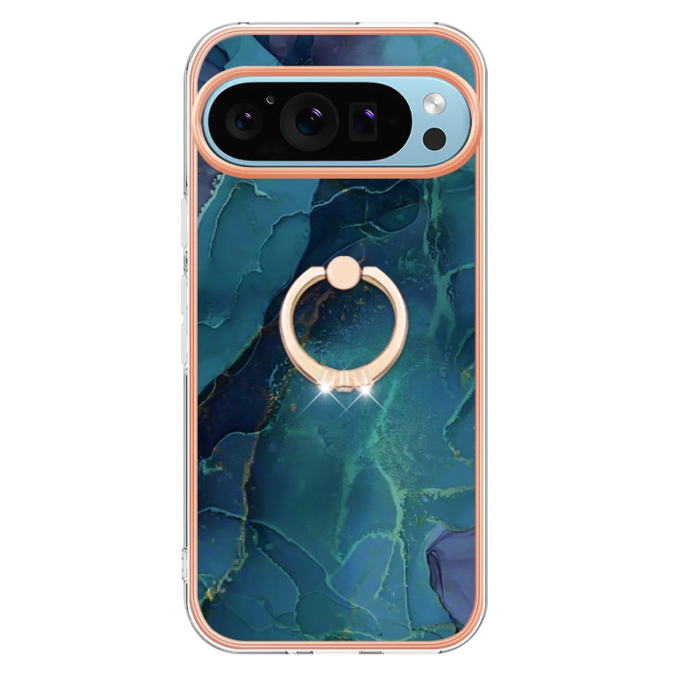 For Google Pixel 9 / 9 Pro Electroplating Marble Dual-side IMD Phone Case with Ring(Green 017)