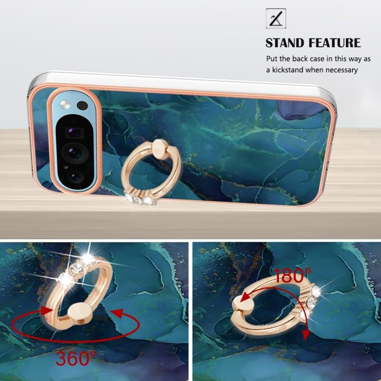 For Google Pixel 9 / 9 Pro Electroplating Marble Dual-side IMD Phone Case with Ring(Green 017)