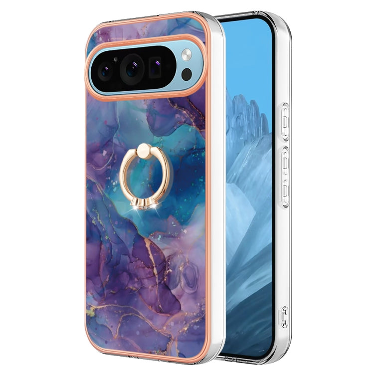 For Google Pixel 9 / 9 Pro Electroplating Marble Dual-side IMD Phone Case with Ring(Purple 016)
