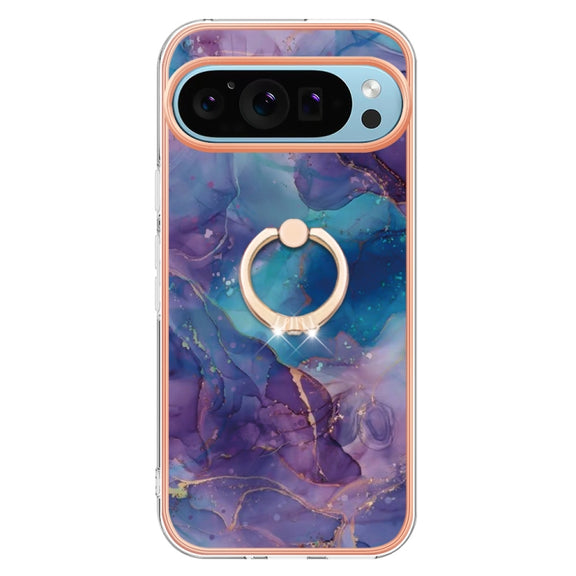 For Google Pixel 9 / 9 Pro Electroplating Marble Dual-side IMD Phone Case with Ring(Purple 016)