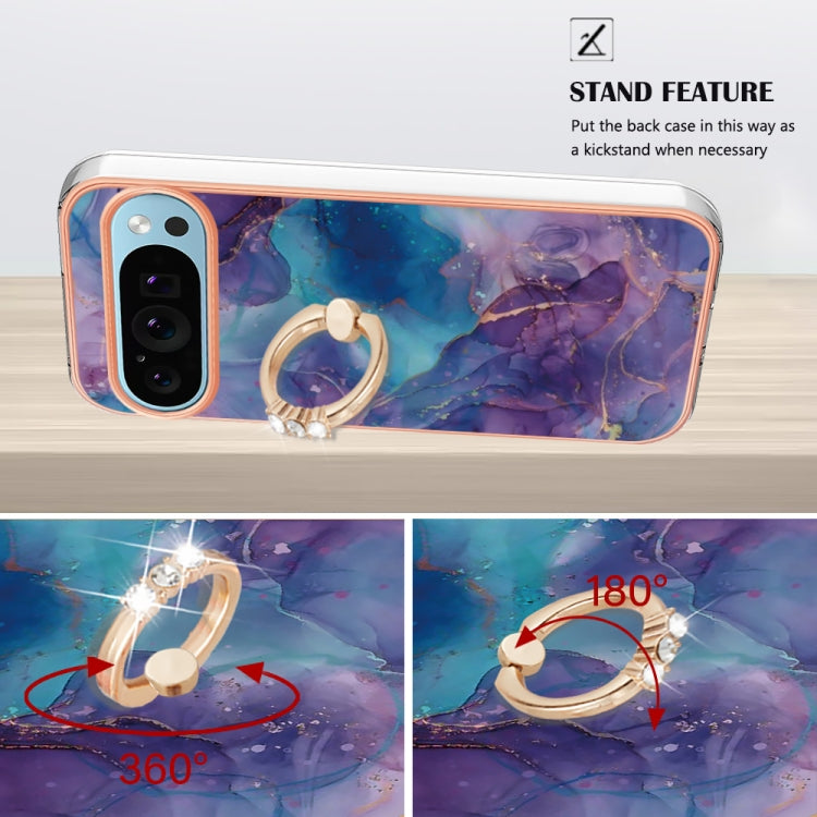 For Google Pixel 9 / 9 Pro Electroplating Marble Dual-side IMD Phone Case with Ring(Purple 016)