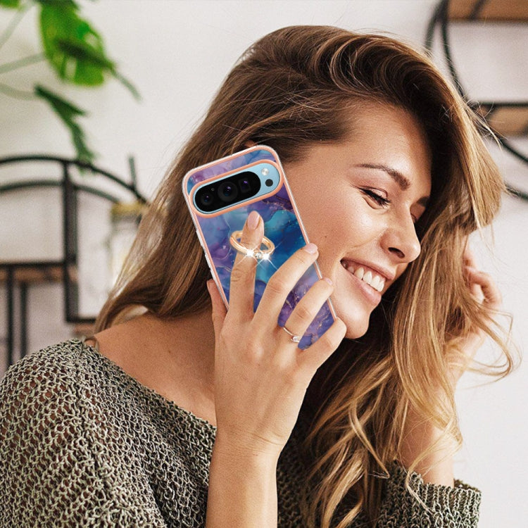 For Google Pixel 9 / 9 Pro Electroplating Marble Dual-side IMD Phone Case with Ring(Purple 016)