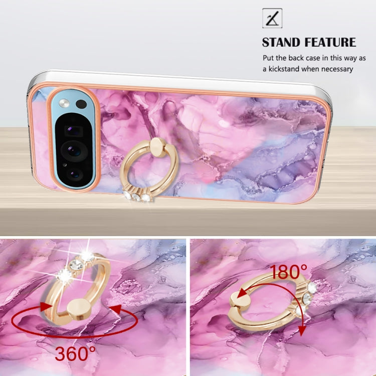 For Google Pixel 9 / 9 Pro Electroplating Marble Dual-side IMD Phone Case with Ring(Pink 013)