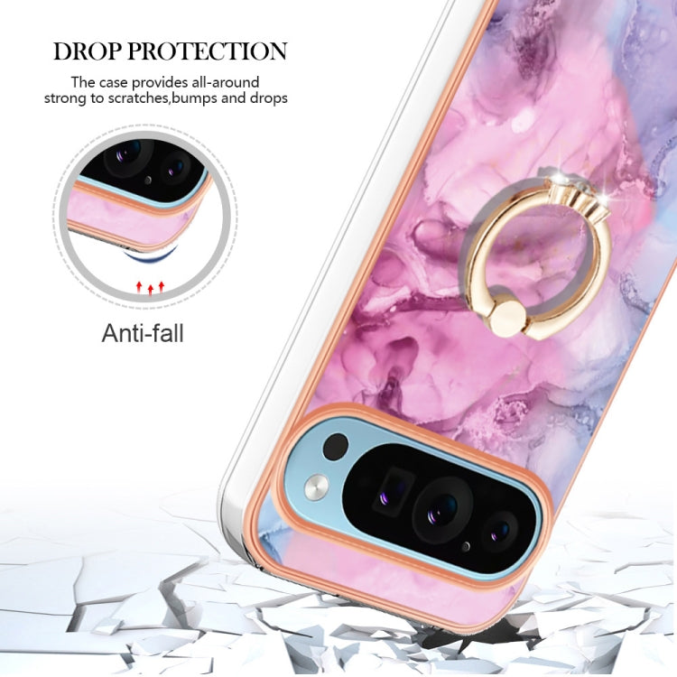 For Google Pixel 9 / 9 Pro Electroplating Marble Dual-side IMD Phone Case with Ring(Pink 013)