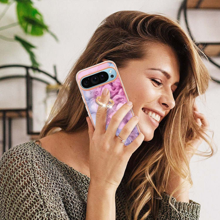 For Google Pixel 9 / 9 Pro Electroplating Marble Dual-side IMD Phone Case with Ring(Pink 013)