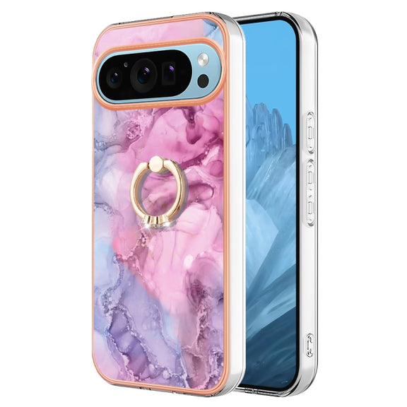 For Google Pixel 9 / 9 Pro Electroplating Marble Dual-side IMD Phone Case with Ring(Pink 013)