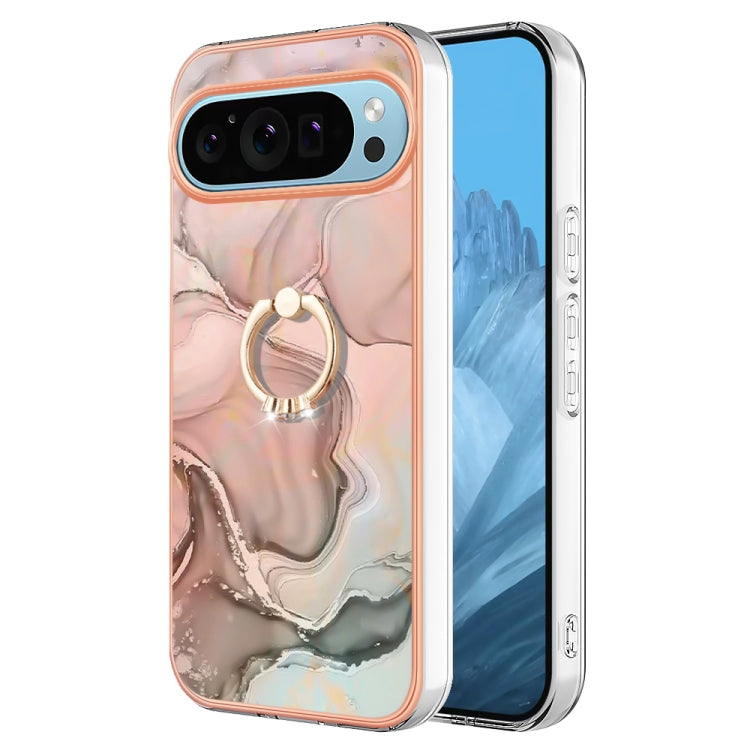 For Google Pixel 9 / 9 Pro Electroplating Marble Dual-side IMD Phone Case with Ring(Rose Gold 015)