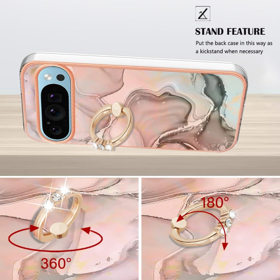 For Google Pixel 9 / 9 Pro Electroplating Marble Dual-side IMD Phone Case with Ring(Rose Gold 015)