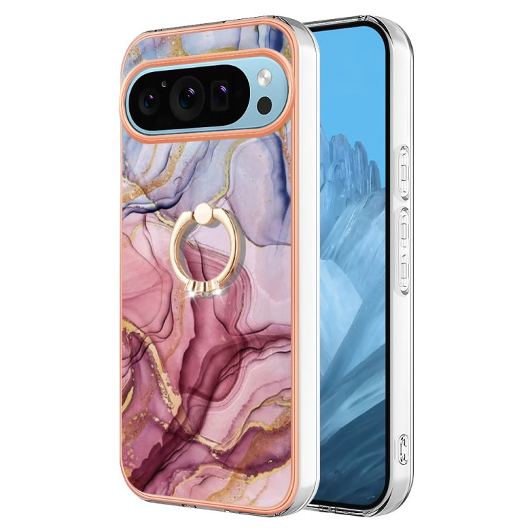 For Google Pixel 9 / 9 Pro Electroplating Marble Dual-side IMD Phone Case with Ring(Rose Red 014)