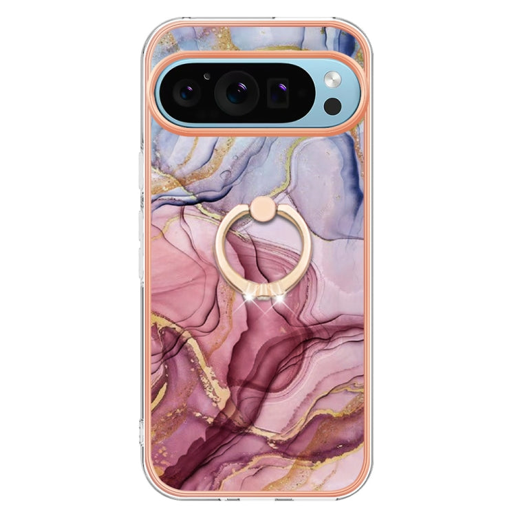 For Google Pixel 9 / 9 Pro Electroplating Marble Dual-side IMD Phone Case with Ring(Rose Red 014)