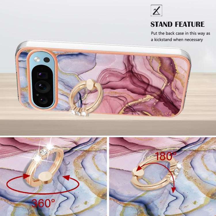 For Google Pixel 9 / 9 Pro Electroplating Marble Dual-side IMD Phone Case with Ring(Rose Red 014)
