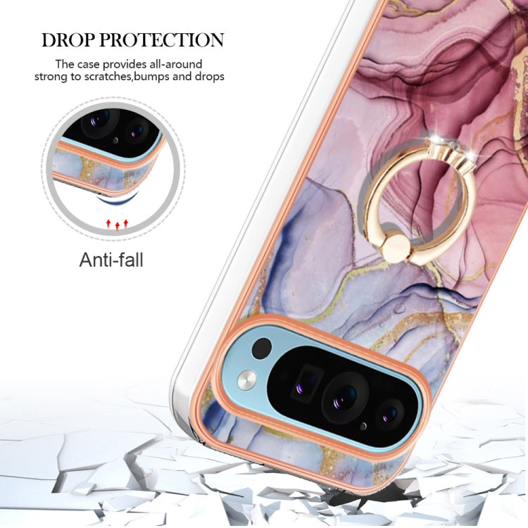 For Google Pixel 9 / 9 Pro Electroplating Marble Dual-side IMD Phone Case with Ring(Rose Red 014)