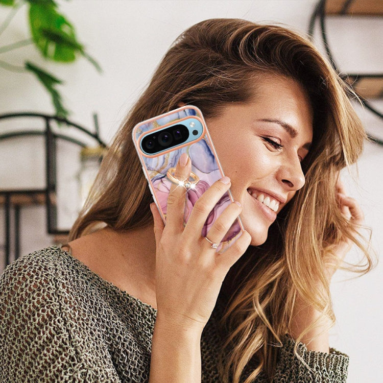 For Google Pixel 9 / 9 Pro Electroplating Marble Dual-side IMD Phone Case with Ring(Rose Red 014)