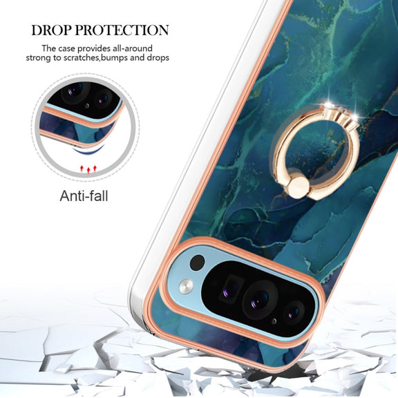 For Google Pixel 9 Pro XL Electroplating Marble Dual-side IMD Phone Case with Ring(Green 017)
