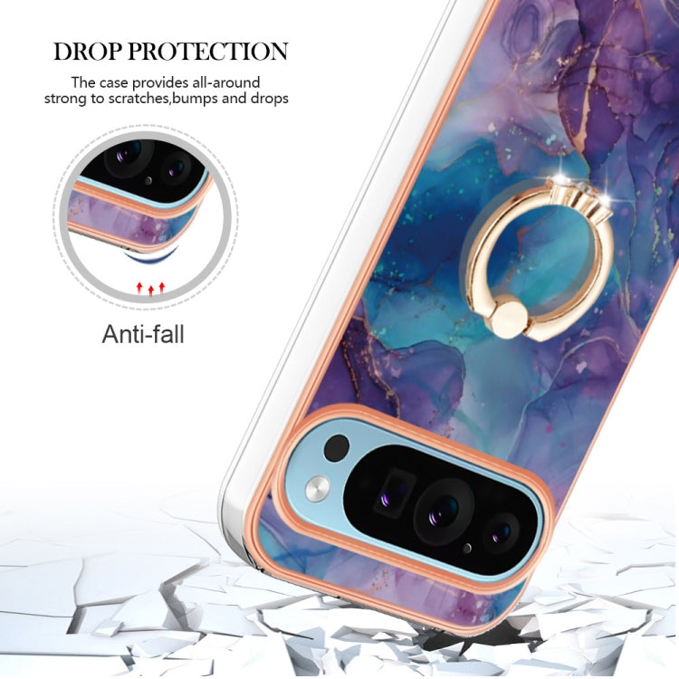 For Google Pixel 9 Pro XL Electroplating Marble Dual-side IMD Phone Case with Ring(Purple 016)