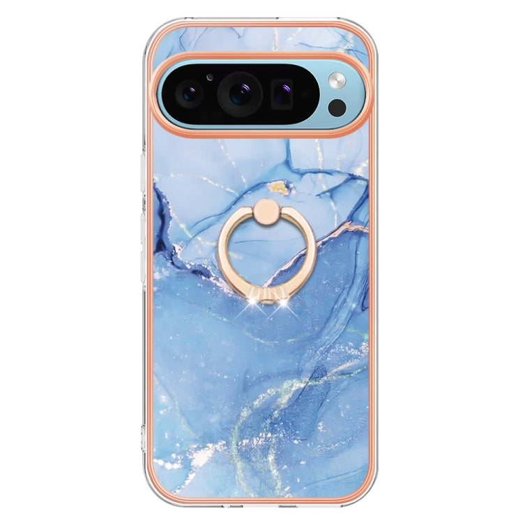 For Google Pixel 9 Pro XL Electroplating Marble Dual-side IMD Phone Case with Ring(Blue 018)