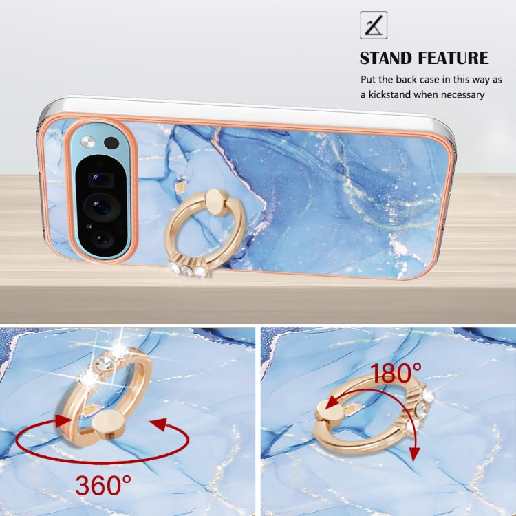 For Google Pixel 9 Pro XL Electroplating Marble Dual-side IMD Phone Case with Ring(Blue 018)
