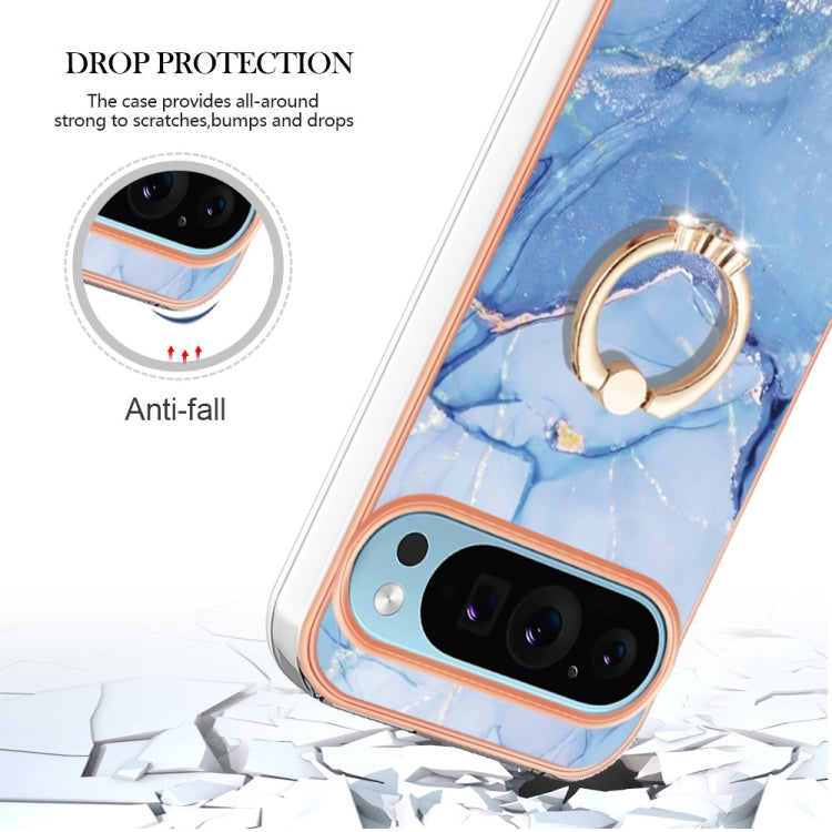 For Google Pixel 9 Pro XL Electroplating Marble Dual-side IMD Phone Case with Ring(Blue 018)