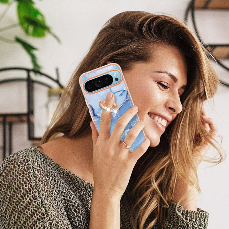 For Google Pixel 9 Pro XL Electroplating Marble Dual-side IMD Phone Case with Ring(Blue 018)