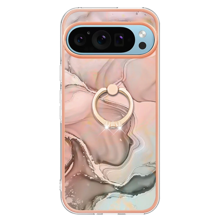 For Google Pixel 9 Pro XL Electroplating Marble Dual-side IMD Phone Case with Ring(Rose Gold 015)