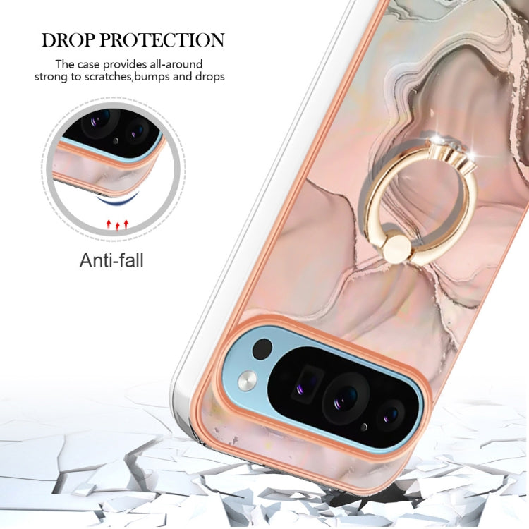 For Google Pixel 9 Pro XL Electroplating Marble Dual-side IMD Phone Case with Ring(Rose Gold 015)