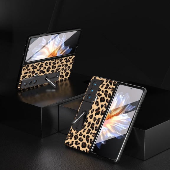 For Honor Magic Vs ABEEL Integrated Black Edge Leopard Phone Case with Holder(Champagne Gold)