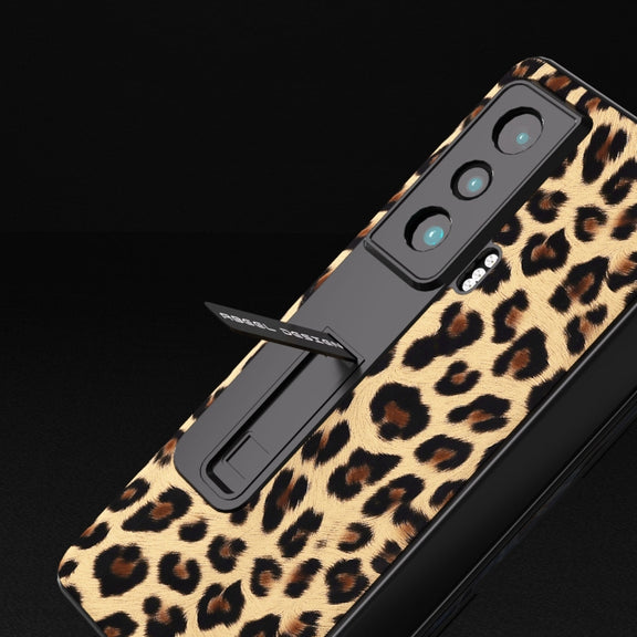 For Honor Magic Vs ABEEL Integrated Black Edge Leopard Phone Case with Holder(Champagne Gold)