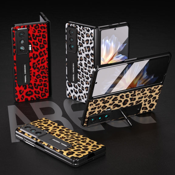For Honor Magic Vs ABEEL Integrated Black Edge Leopard Phone Case with Holder(Champagne Gold)
