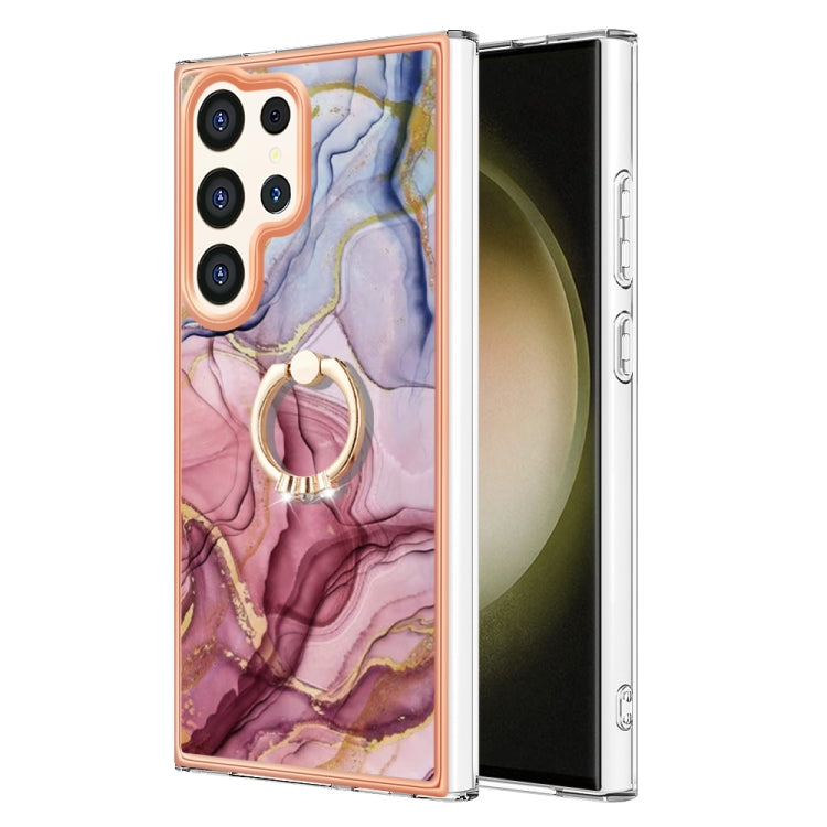 For Samsung Galaxy S24 Ultra 5G Electroplating Marble Dual-side IMD Phone Case with Ring(Rose Red 014)