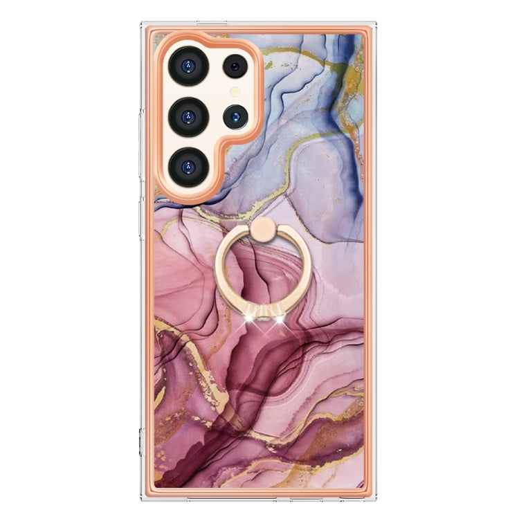 For Samsung Galaxy S24 Ultra 5G Electroplating Marble Dual-side IMD Phone Case with Ring(Rose Red 014)