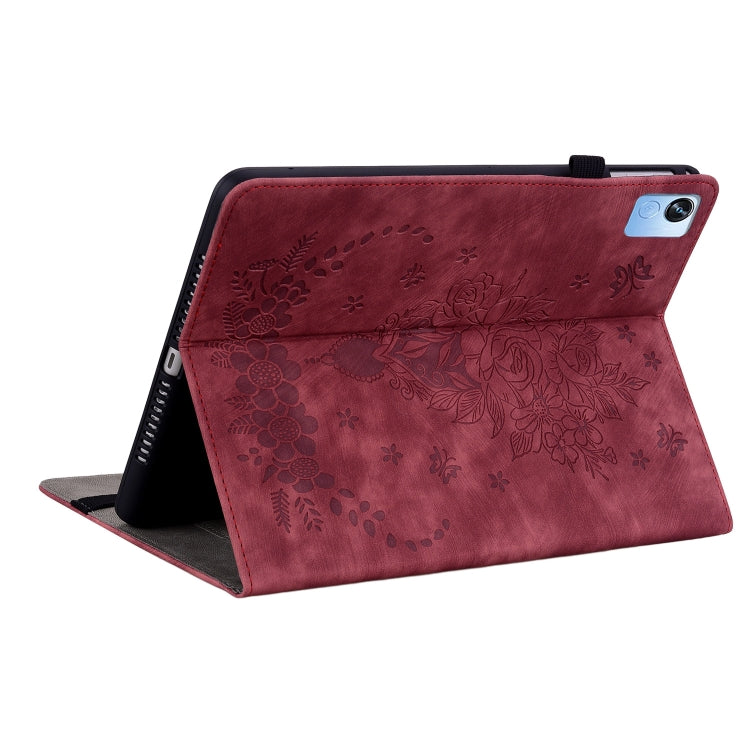 For Realme Pad X Butterfly Rose Embossed Leather Tablet Case(Red)