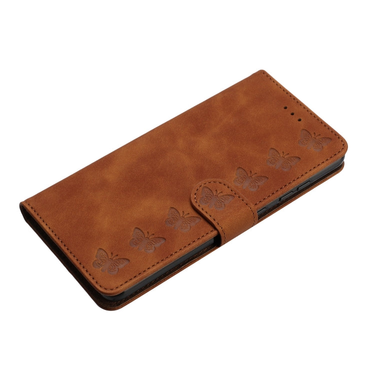 For iPhone 16 Seven Butterflies Embossed Leather Phone Case(Brown)