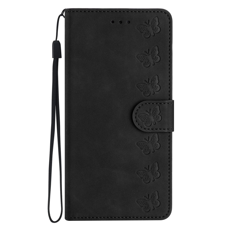 For iPhone 16 Plus Seven Butterflies Embossed Leather Phone Case(Black)