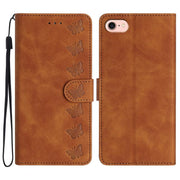 For iPhone 16e Seven Butterflies Embossed Leather Phone Case(Brown)
