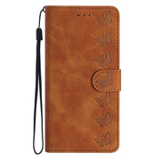 For iPhone 16e Seven Butterflies Embossed Leather Phone Case(Brown)