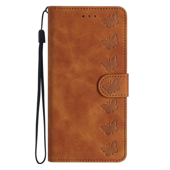 For iPhone 16e Seven Butterflies Embossed Leather Phone Case(Brown)