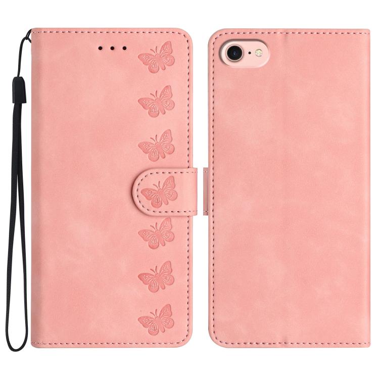 For iPhone 16e Seven Butterflies Embossed Leather Phone Case(Pink)