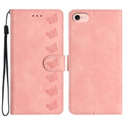 For iPhone 16e Seven Butterflies Embossed Leather Phone Case(Pink)