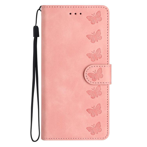 For iPhone 16e Seven Butterflies Embossed Leather Phone Case(Pink)