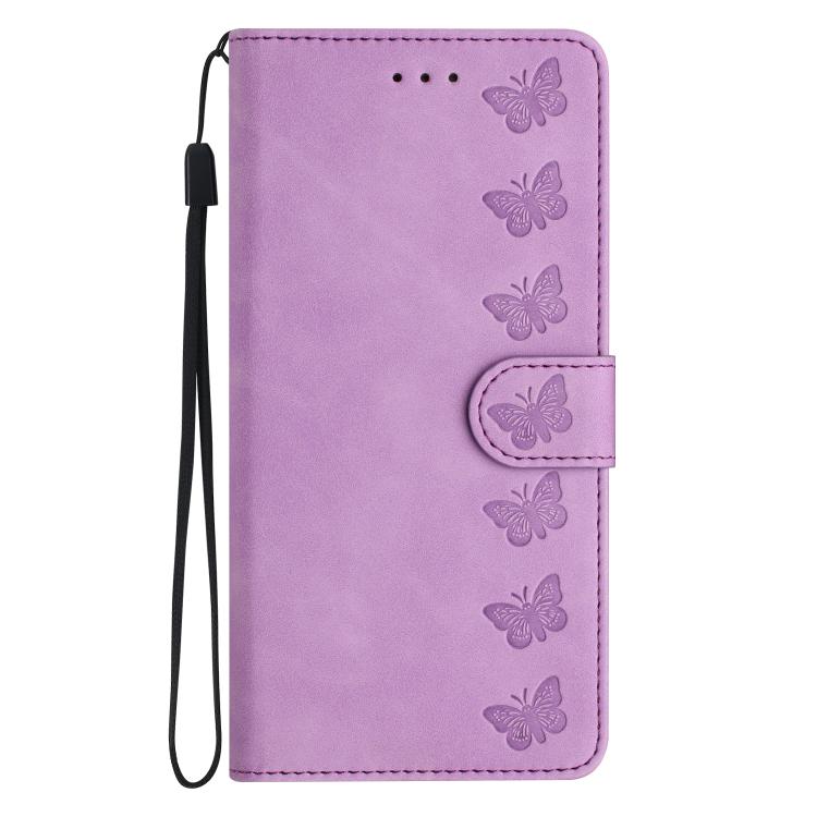 For iPhone 16e Seven Butterflies Embossed Leather Phone Case(Purple)