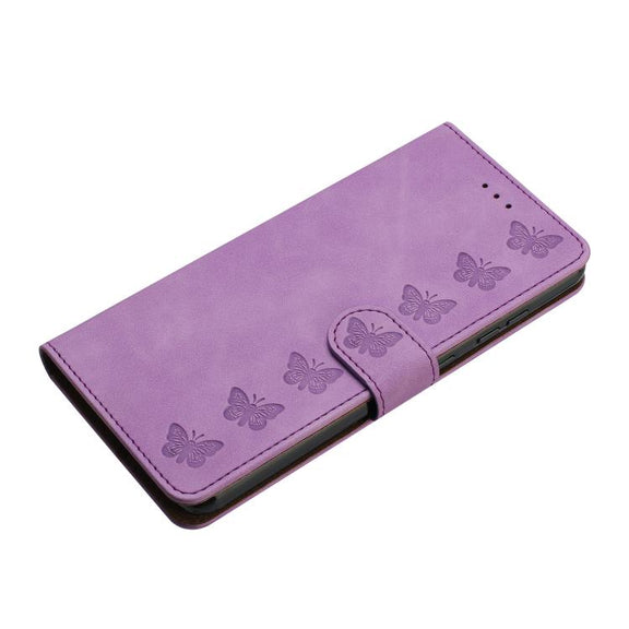 For iPhone 16e Seven Butterflies Embossed Leather Phone Case(Purple)
