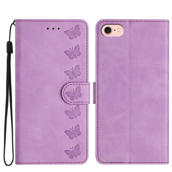 For iPhone 16e Seven Butterflies Embossed Leather Phone Case(Purple)