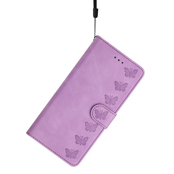 For iPhone 16e Seven Butterflies Embossed Leather Phone Case(Purple)