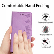 For iPhone 16e Seven Butterflies Embossed Leather Phone Case(Purple)